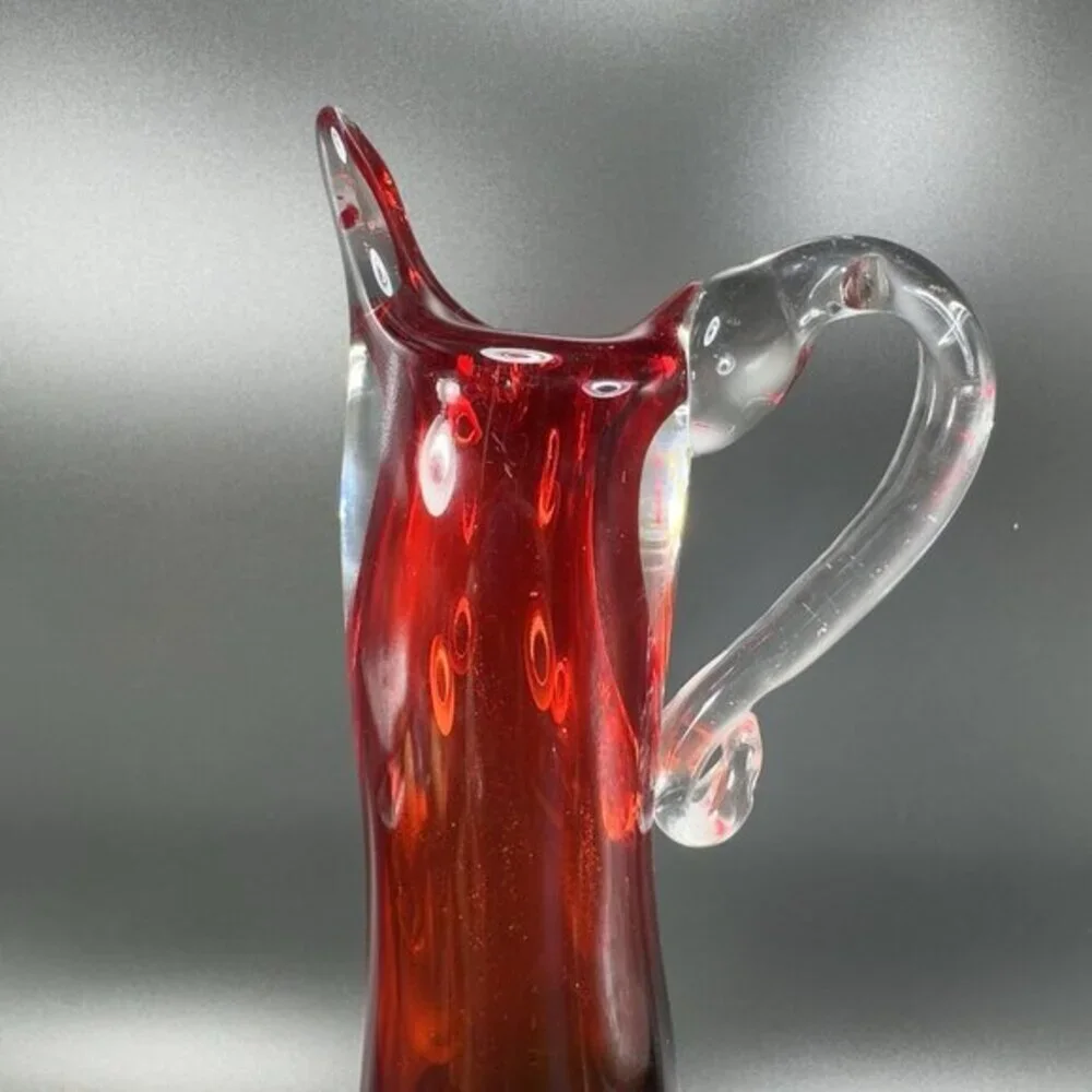 Heavy Hand Blown Glass Pitcher Vase Carafe Multicolor Applied Swirl Glass‎ Decor